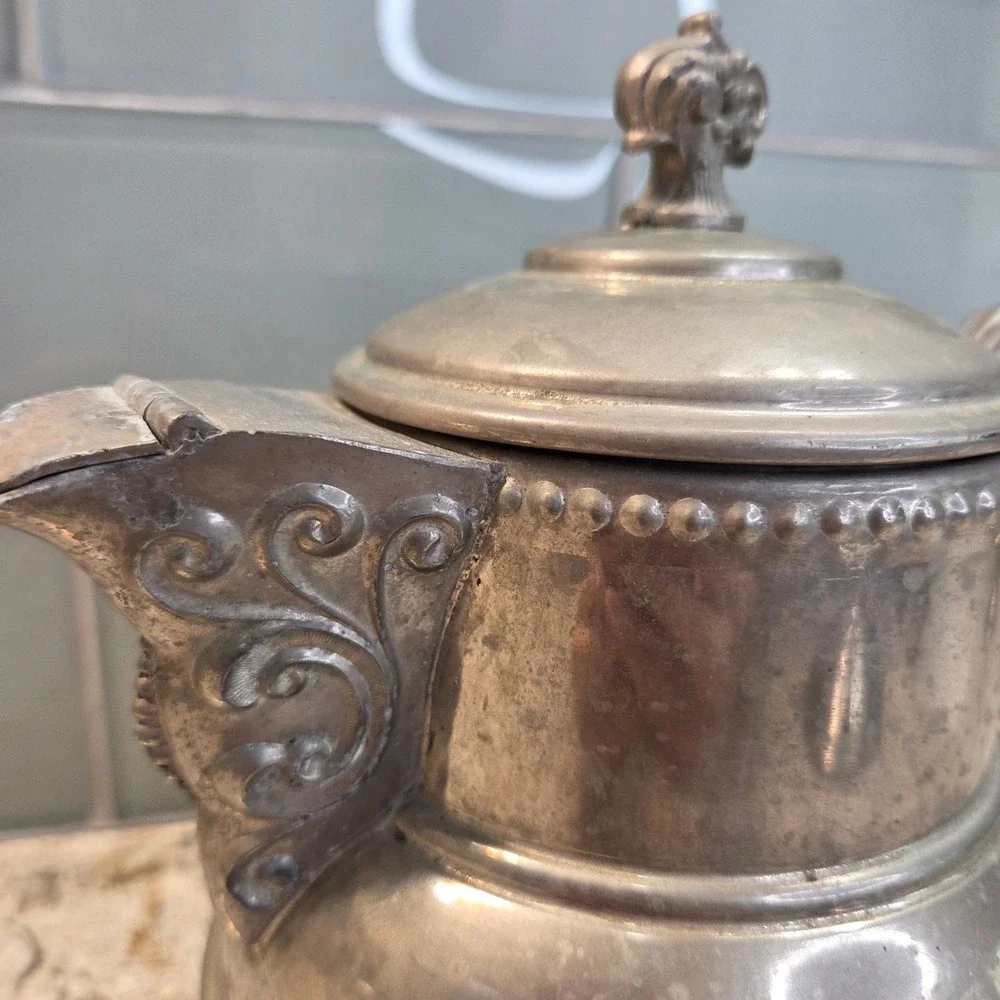 Vintage Victorian Style Silver Metal Teapot Ornate Scrollwork Hinged Lid 8.5in
